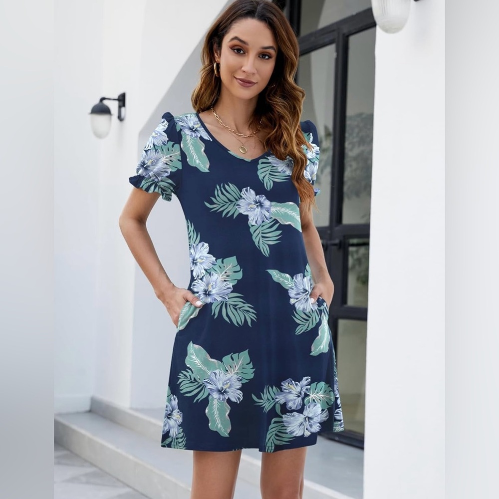 Blue floral fit and flare dress- size medium